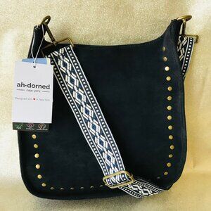 ahdorned Messenger Crossbody  Faux Suede  Bag Black /Gold  12" W x11.5" H x 3"D